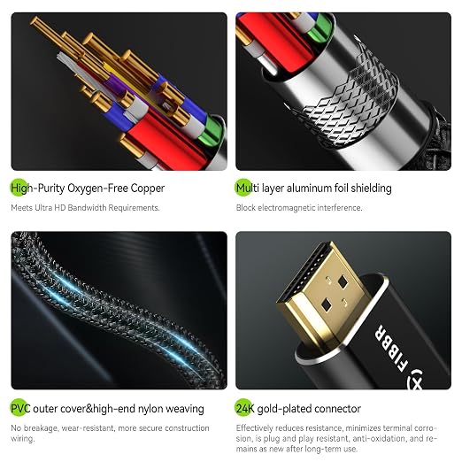 FIBBR 8K HDMI 2.1 Cable 6ft/2m, 48Gbps High Speed HDMI Cord, Support 8K@60Hz 4K@120Hz 2K@240Hz eARC 3D Dynamic HDR 12Bit for PS4/PS5 Laptop Xbox Series Standard HDMI Port