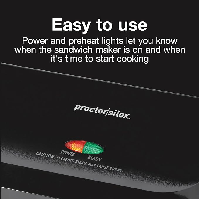 Proctor Silex-Panini Press Sandwich Maker and Electric Indoor Grill, Easy Clean PFAS-Free Nonstick Grids, Compact Upright Storage, Black (25440MN)