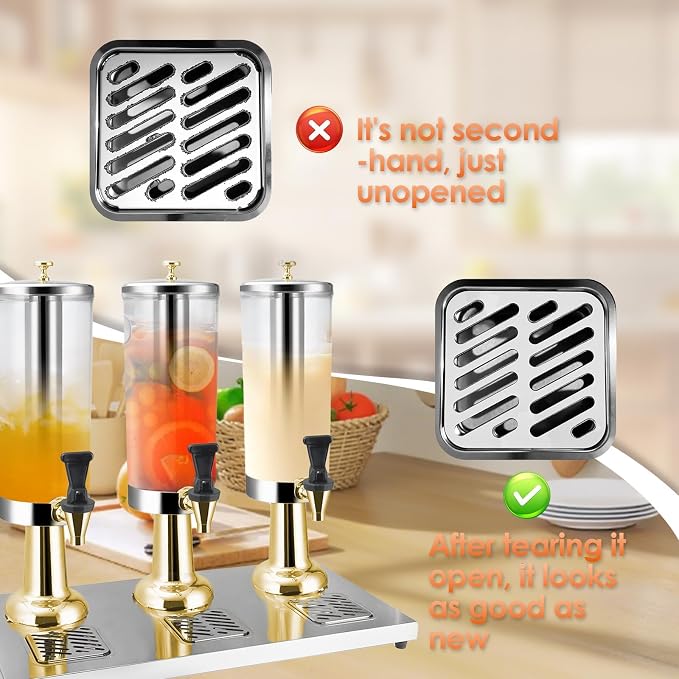 Hot and Cold Beverage Dispenser with Stand, 2.38 Gallon All-in-One Commercial Drink Dispenser with Ice Core&Stainless Steel Drip Trays for Parties, Beer Bar, Coffee (GOLD, 3 Head-2.38 GAL)