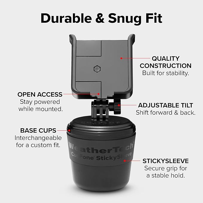 WeatherTech CupFone, Universal Cup Holder Phone Mount for Cars – Adjustable & Secure Fit with Open Access for Charging – Compatible with iPhone, Android - Metal Knobs, Silver
