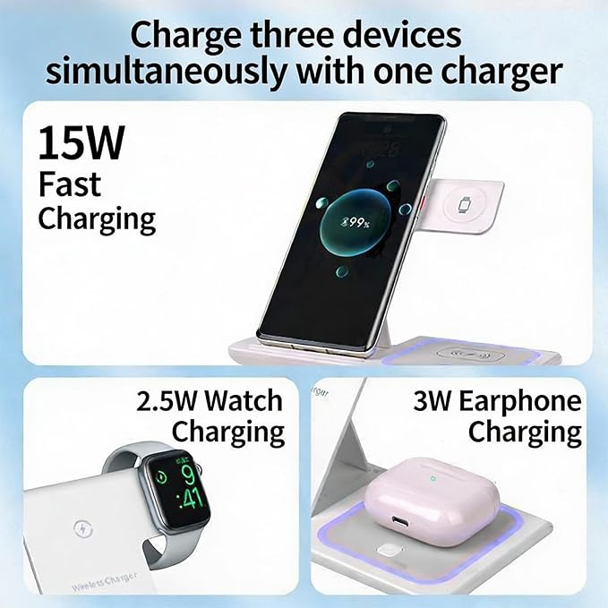 3-in-1 Foldable Wireless Charger with Night Light - 15W Fast Wireless Charger for Simultaneous Charging of Phone, Watch & Earbuds, Compatible with All Qi-Certified Devices,X455 White.
