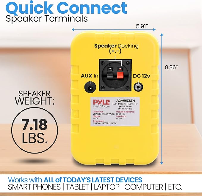 PyleUsa Bluetooth Indoor Outdoor Speakers Pair-500Watt Dual Waterproof 5.25” 2-Way Full Range Speaker System w/ 1/2”High Compliance Polymer Tweeter-Home, Boat, Marine, Deck,Patio,Poolside - PDWRBT56YL