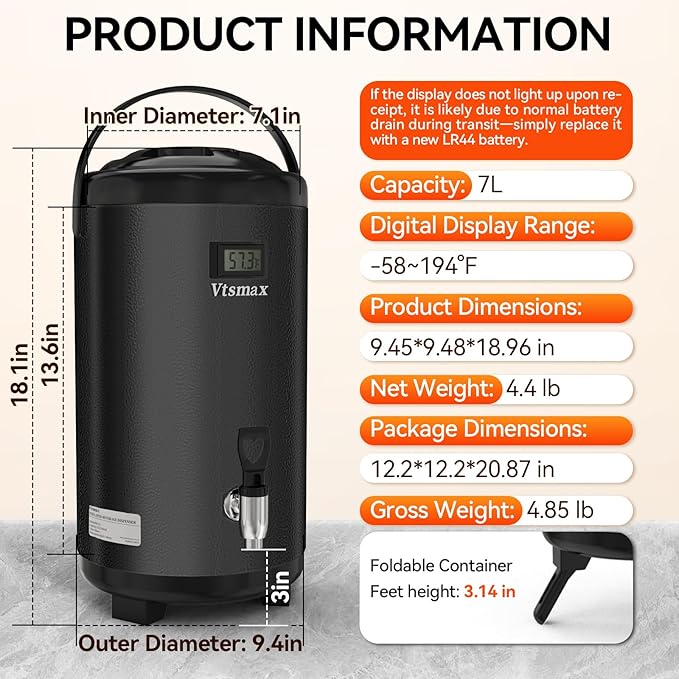 Commercial Insulated Beverage Dispenser with Stand, 2 Gallon Stainless Steel Hot & Cold Drink Dispenser with Temperature Display, Spigot for Tea and Coffee(Black)