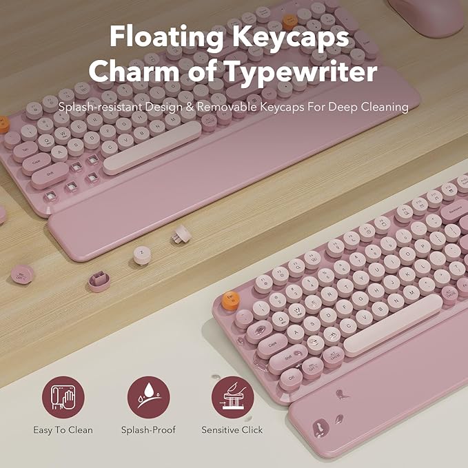 Wireless Keyboard and Mouse Combo, Full-Size Typewriter-Style Keyboard with Round Keycaps, Magnetic Wrist Rest, Tilt Legs, 2.4GHz Cordless for Mac, Windows PC, Laptop, SABLUTE CK23, Dusty Rose