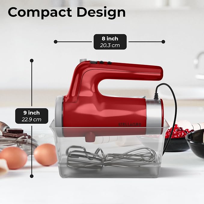 Electric Hand Mixer 350W, 9 Speed Handheld Mixer with Timer, Beaters, Whisks & Dough Hooks, Storage Case, Kitchen Mixer for Baking, Eggs, Cream, Cookie Dough & Frosting, Red