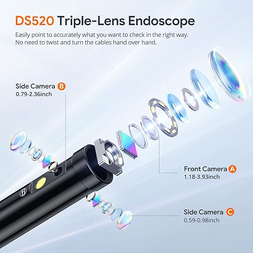 Triple Lens Endoscope Camera with Light, DEPSTECH 5" IPS Screen Endoscope Camera, 1080P Sewer Camera & Split Screen, 180° Rotation, IP67 Snake Cable, 8 Lights, Gadget for Automotive Mechanical Repair