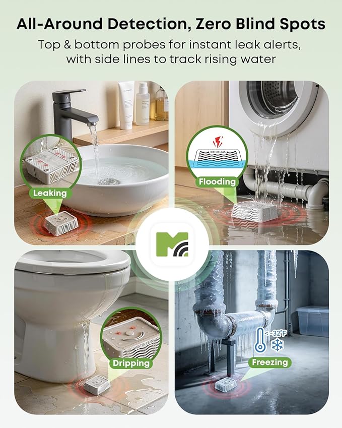 MOCREO LW1 Long Range Water Leak Detector, 105dB Adjustable Alarm, IP67 Waterproof, Leak Severity Tracking, SMS App Email Alert, 3 Water Sensors for Home Basement Kitchen (H5Pro or H6Pro Hub Required)