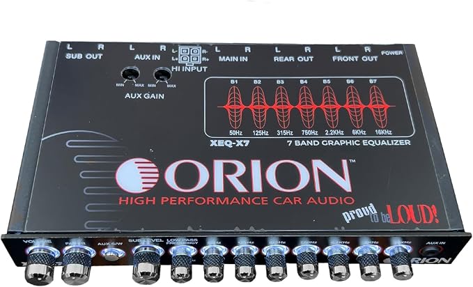 Orion XEQ-X7 7-Band Graphic Equalizer with Front 3.5mm AUX Input – Half-DIN Car Audio EQ with Subwoofer Control, High/Low-Level Inputs, Rear RCA, and Variable Low Pass Filter
