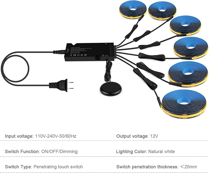 LED Recessed Lighting Kit,6PCS 12V Black COB LED Strip Lights,6.56Ft 4000K with Touch Dimmable Switch Self-Adhesive LED Uner Cabinet Light for Wood Slat Wall Panels, Headboards, Shelves