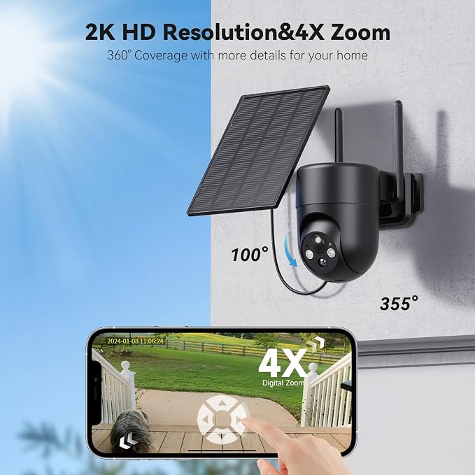 ELYSOO Solar Security Cameras Wireless Outdoor, 2.4GHz WiFi, 2K Color Night Vision, Outdoor Camera Wireless for Home Security, 360°Panoramic View, Weatherproof, 2pack