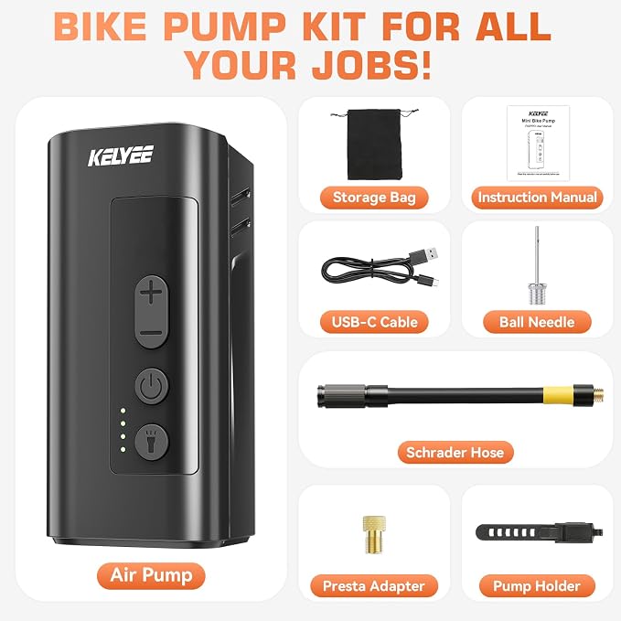 F05 Mini Electric Bike Pump 150 PSI, Portable Bicycle Tire Inflator with Presta & Schrader Valve, Fast Inflation Tiny Bike Pump for Road Bike & MTB