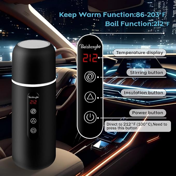 Electric Travel Kettle,12V/24V Car Coffee Warmer Kettle,Portable Hot Water Boiler,Small Hot Water Heater with Built-in Magnetic Induction Stirring