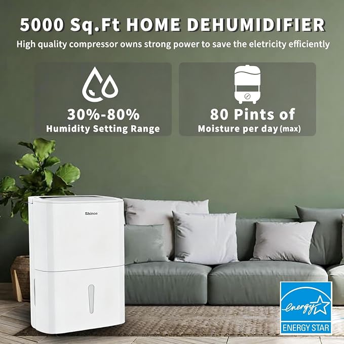 80 Pints Energy Star Dehumidifier with Drain Hose and WIFI for Large Spaces up to 5,000 Sq.Ft, Auto Defrost & Continuous Drainage - Ideal for Home Basements, Bathroom, and Bedroom