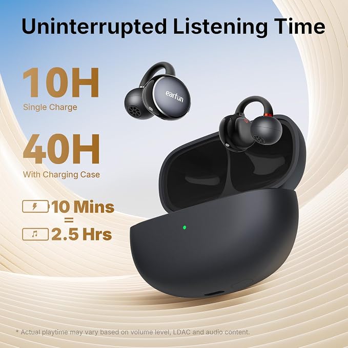 EarFun Clip Open Ear Earbuds, Wireless Clip On Headphones, Adaptive Comfort with Secure Fit, Bluetooth 6.0, LDAC, Hi-Res Audio, 2 Mics AI ENC Call, 40H Playtime, Earbuds for Sports, Running, Black