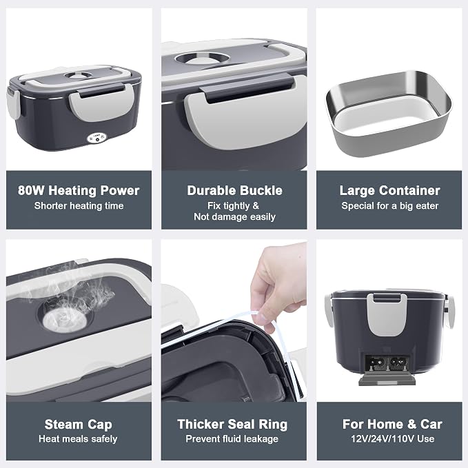 Electric Heated Lunch Boxes Adults: 80W Electric Lunch Box Food Heated 12/24/110V 1.5L Heatable Lunch Box for Car/Truck/Office Leak-Proof Stainless Steel Container, Fork & Spoon, Bag (Dark Grey)