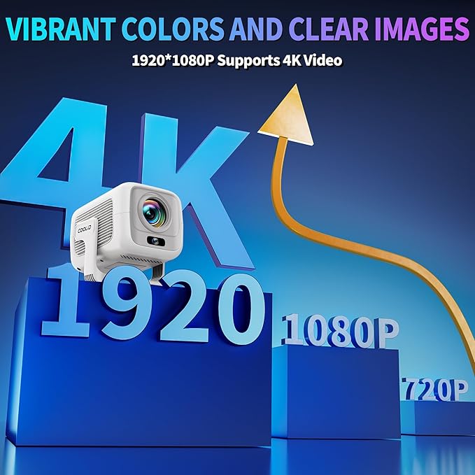[Auto Focus & 2026 Upgraded] Mini Projector 1080P FHD Support 4K Portable Projector with WiFi6 and Bluetooth5.4 Built-in App 180° Adjustable Auto Keystone, Compatible with HDMI/Laptop/USB, White