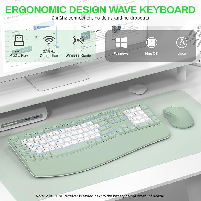 Wireless Keyboard and Mouse Combo,2.4G Full Size Wave Keys Ergonomic Keyboard with Wrist Rest for Natural Typing, 3 DPI Adjustable Ergonomic Mouse for Computer/Laptop/Windows/Mac (Avocado Green-B)