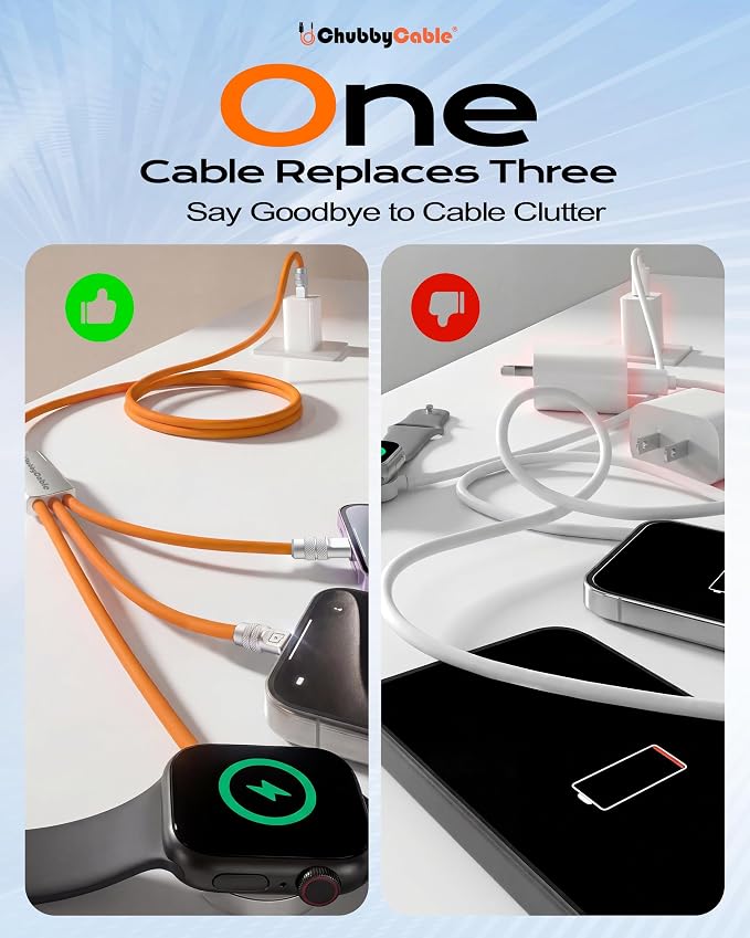 chubbycable Tri-Flex 3 in 1 USB C Cable for Apple Watch Charger Silicone 100W Multi Charging Cable Fast Charge Compatible with iPhone 17-15 Series Apple Watch iPad MacBook AirPods, 4.1FT, Green