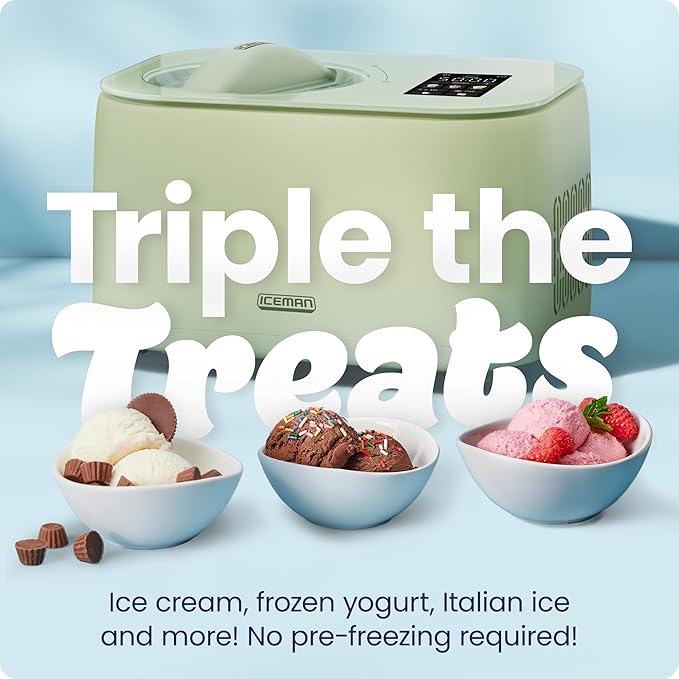 Iceman by Chefman Trio Ice Cream Maker | No Pre-Freezing with Built-In Compressor | for Ice Cream, Froyo, Sorbet, Sherbet, Italian Ice, Frozen Yogurt & More | (2) 20oz Containers & Lids