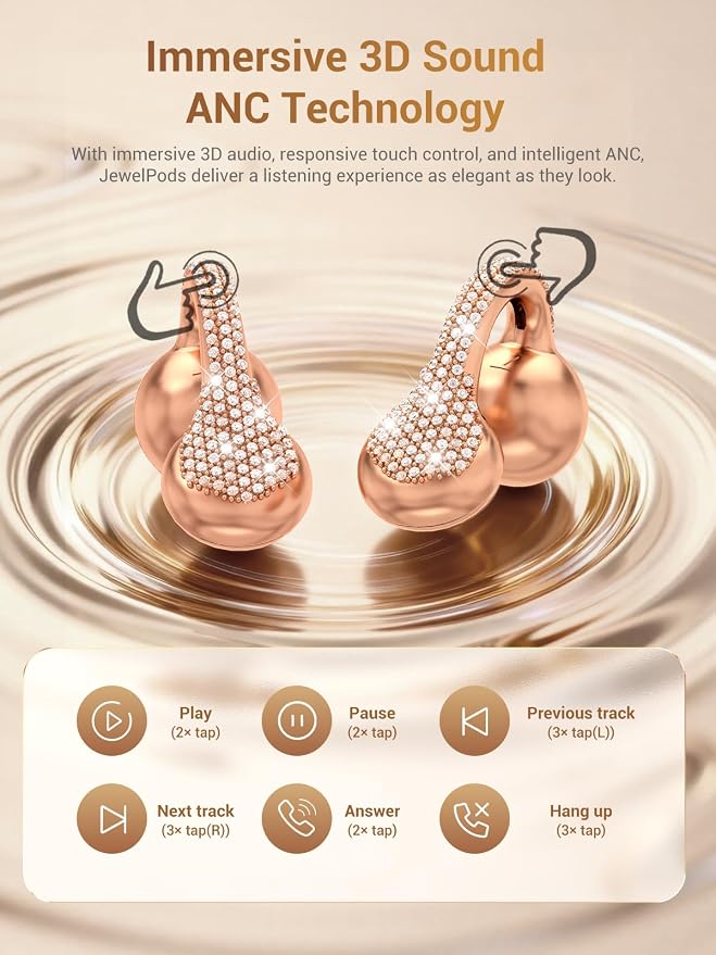 JewelPods C01Pro Open Ear Headphones, Luxury Jewelry Earbuds, Rose Gold | Clip-On Wireless Bluetooth Earbuds Secure, Lightweight, Premium Audio-Water Resistant-Up to 72 hrs Play,Gift for Her