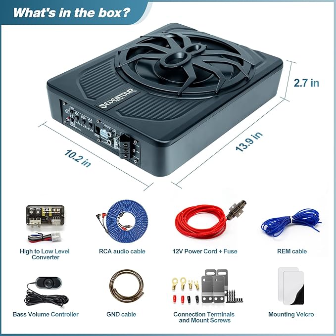 10" Upgrade 800W Slim Under Seat Powered Car Subwoofer, Car/Truck Audio Sub Built in Amplifier amp Combo Package, with Blue LED Light (Subwoofer+Installation Wire Kit)
