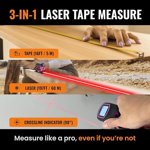 The Almighty Ruler Laser Tape Measure | Laser Distance Measurer, Heavy-Duty Tool with Cross Marking Feature, Smart Range Finder, Easy-Read Display, Ft & Metric Measurement | 196 ft | 65 yd | 60 m