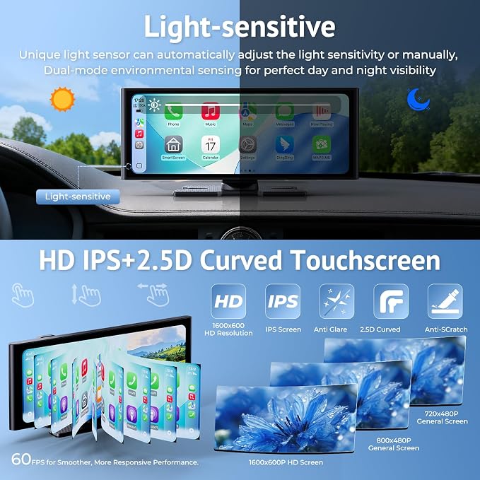 10.26" HD Wireless CarPlay Screen for Carplay & Android Auto Touch Screen,4K Dash Cam,1080P Backup Camera,Mirror Link,GPS,Bluetooth,64G TF,for All Vehicles