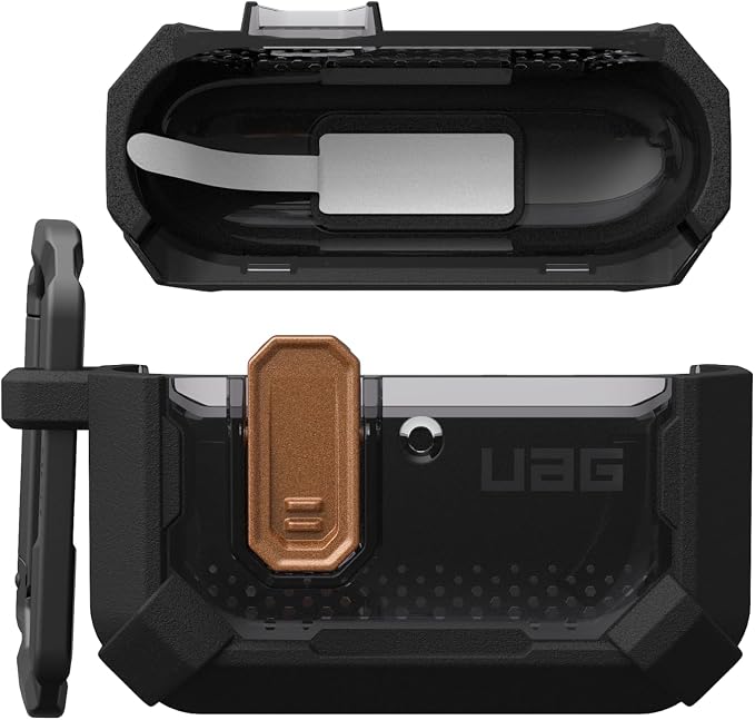 URBAN ARMOR GEAR UAG Designed for AirPods Pro 3rd Gen Case, Rugged Military Grade Drop Proof Protective Cover with Detachable Carabiner Clip & Secure Lip Closure, Plasma Blackout/Aged Bronze