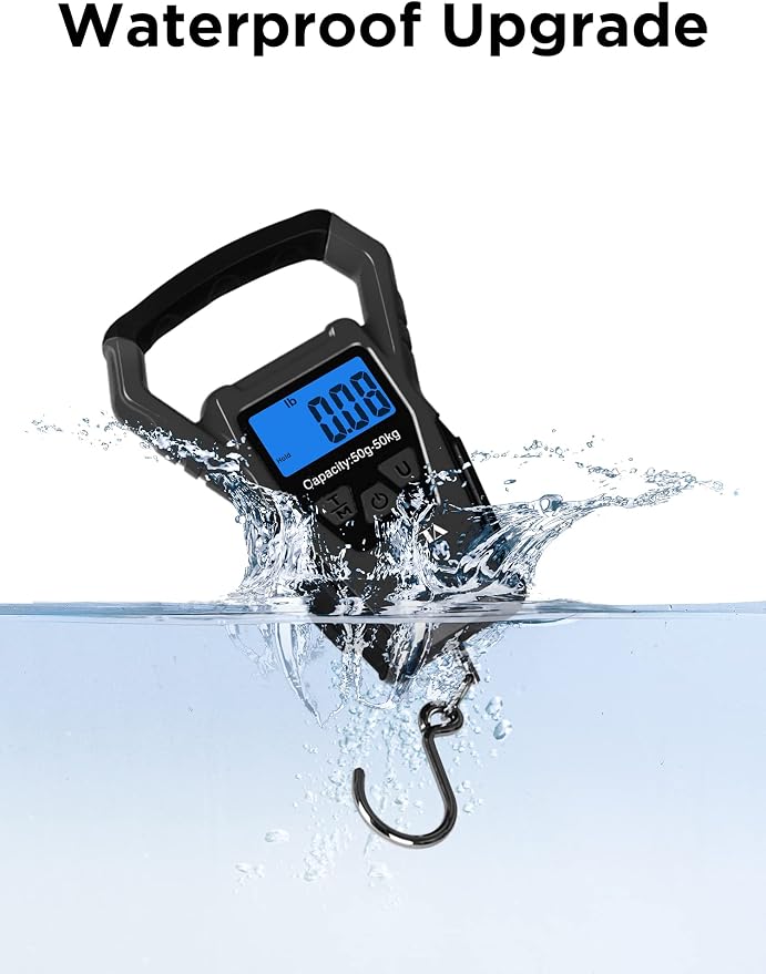 HEETA Waterproof Fish Scale Digital with Backlit LCD Display, 110lb/50kg Portable Hanging Scale Fishing Scale for Home and Outdoor, Measuring Tape and 2 AAA Batteries Included