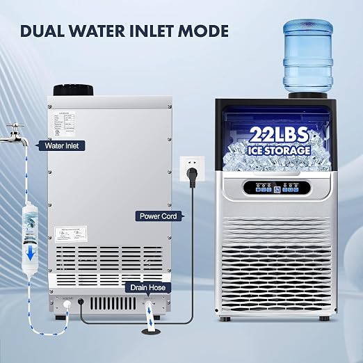 100LBS/24H Commercial Ice Maker Machine, Dual Water Inlet Under Counter or Freestanding Ice Machine, 36 Cubes/Cycle with 22LBS Storage for Home, Bar, Restaurant, Coffee Shop