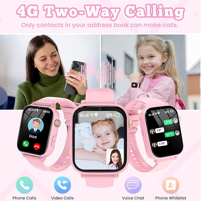 4G Kids Smart Watch GPS Tracker, Smartwatch for Kid with Video Calling, Voice Chat, Class Mode, SOS , Pedometer, Alarm, SIM Card HD Touch Screen Phone Watch Gift for 4-12 Girls Boys (Light Pink)
