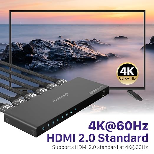 Fosmon 5-Port HDMI 4K Switch with Remote, Support 4K@60Hz HDCP 2.2 High Speed 18Gbps 5 in 1 Out Auto-Switching 5x1 HDMI 2.0 Switcher Splitter Hub Compatible with PS5, Xbox X, Apple TV