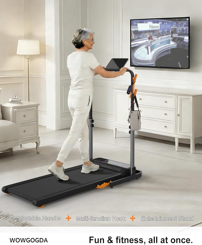 Walking Pad Handle Bar Attachment Only, Compatible with Walking Pads 22.4" Wide, Adjustable Treadmill Handrail with Phone/Cup Holder & Towel Hooks, Overbold Stable, Easy Assembly, Black