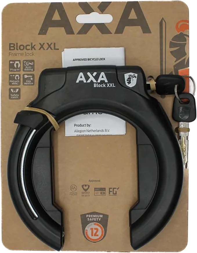 AXA Block XXL Ring Bike Lock, Heavy-Duty Retractable Rear Wheel Frame Lock with 56 mm (2.2") Extra-Wide Opening, Anti-Theft Security System for Bicycles, City Cruisers, Commuter, and E-Bikes