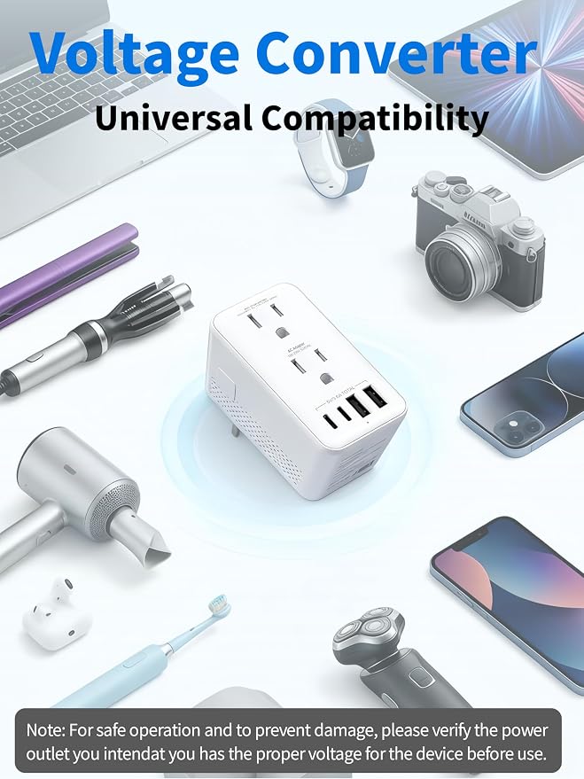 220V to 110V Voltage Converter US to Europe Travel Adapter with International Plug Adapter UK/AU/US/EU/﻿South Africa 2 USB-A and 2 USB-C Power Converter for Hair Dryers (White)