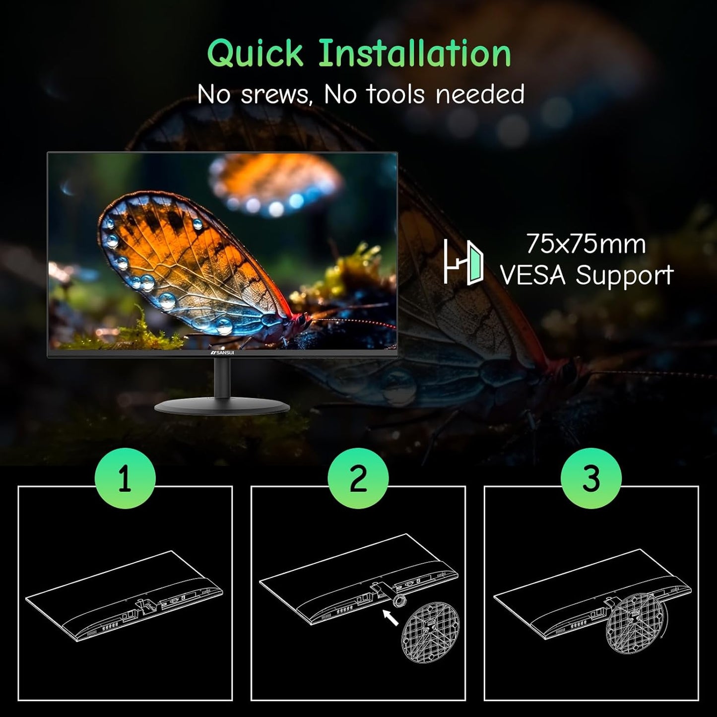 SANSUI Computer Monitor 24 inch IPS Eye Care 1080P Display HDMI,VGA Ports with 178° Viewing Angle/Frame-Less/Tilt/VESA Compatible for Office and Home