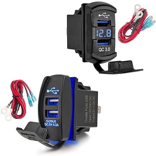 Anina 4.2A Rocker Switch Style Dual USB Charger Blue LED Light+Dual USB3.0 Car Charger Port Rocker Switch Style, 12V-24V