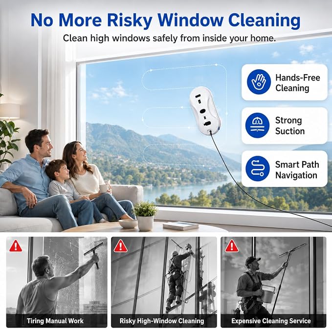 Robotic Window Cleaner with 3-Layer Safety, Smart Z/N Path Navigation, 2800Pa Strong Suction & UPS Anti-Drop, Perfect for High-Rise Windows, Glass Doors, Shower Glass, Gift for Parents