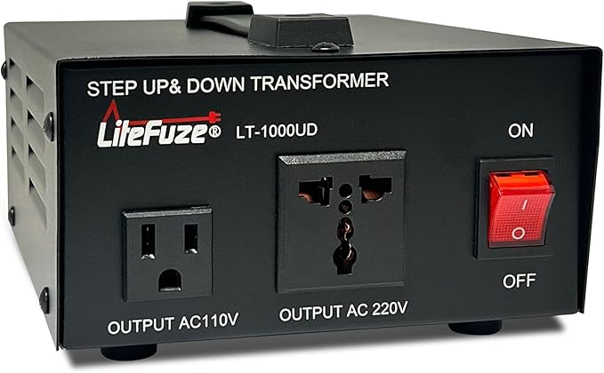LiteFuze 1000 Watt Voltage Converter Transformer Step Up/Down - 110v to 220v / 220v to 110v Power Converter - Fully USA Grounded Cord - Universal Outlet Socket, 2x US Outlets - CE Certified
