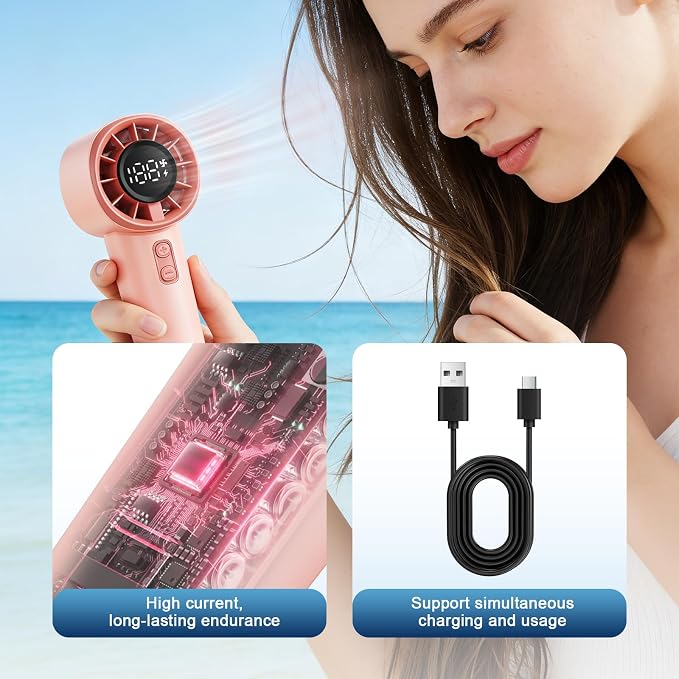 Portable Handheld Turbo Fan, Strong Wind Cute Mini Personal Fan, 120 Levels Infinite Speed, 4000mAh Rechargeable Hand Held Fan for Beach Travel Cruise Camping Office Lash Makeup for Women Girls, Pink