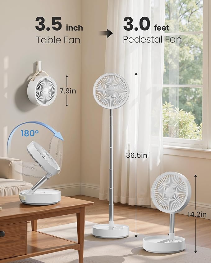Gaiatop Portable Pedestal Fan 16000mAh Battery [Max 74h Runtime], Foldable Oscillating Standing Fan, Collapsible Desk Fans, LED Light, Case & Remote Control 4 Speeds for Outdoor Travel Camping (White)