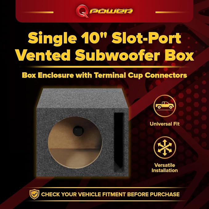 QPower Single 10-Inch Vented Unloaded Subwoofer Speaker Box – Solid 5/8-Inch MDF Car Audio Box with Charcoal Carpet Covering