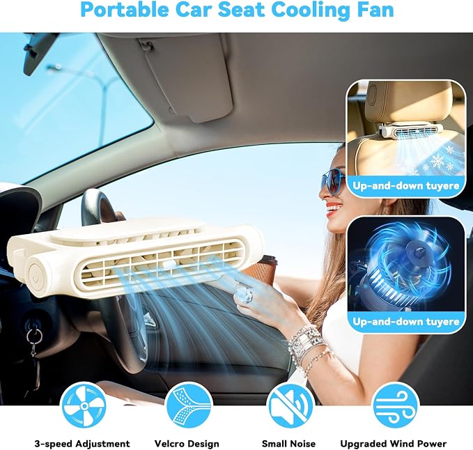 1PCS Car Seat Fan, Portable Car Fans for Backseat for Kids, USB Rechargeable Backseat Neck Cooling Air Conditioner Cooler Vent Clip on Fan with 3 Adjustable Wind Speeds Device for All Cars-Beige