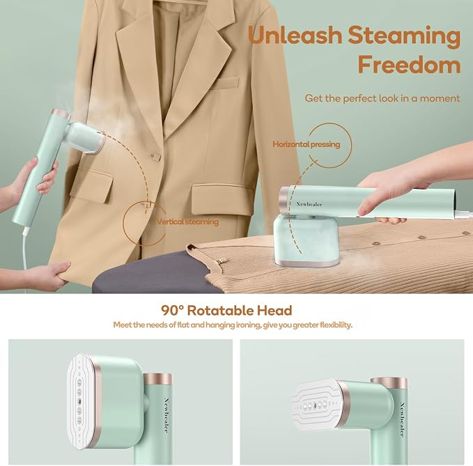 Newbealer Rotatable Steam Iron, 1200W Garment Wrinkle Remover, 120V (Green) | 302°F Steamer for Clothes, 2 Steam Levels, Horizontal and Vertical Steaming, Dry Ironing, 15s Heat Up, for Home/Hotel/Laundry