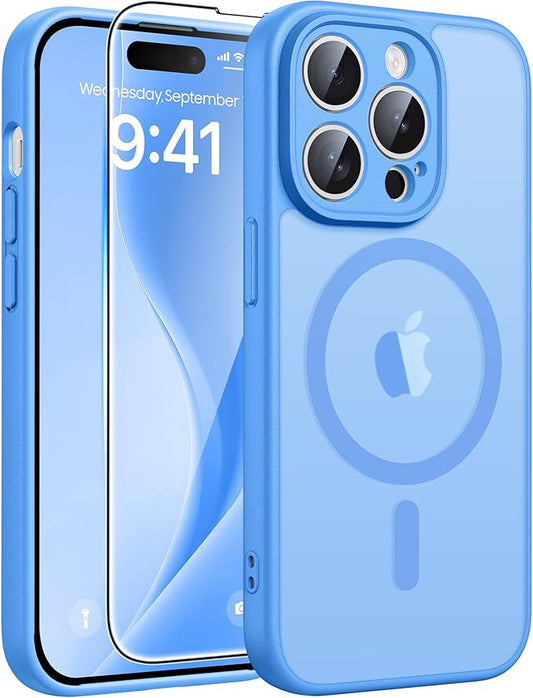 FNTCASE for iPhone 14 Pro Max Case: [Compatible with Magsafe] Translucent Matte Cases with [Full Camera Protection] [Screen Protector] Military Grade Shockproof Protective Phone Cover - Ice Blue