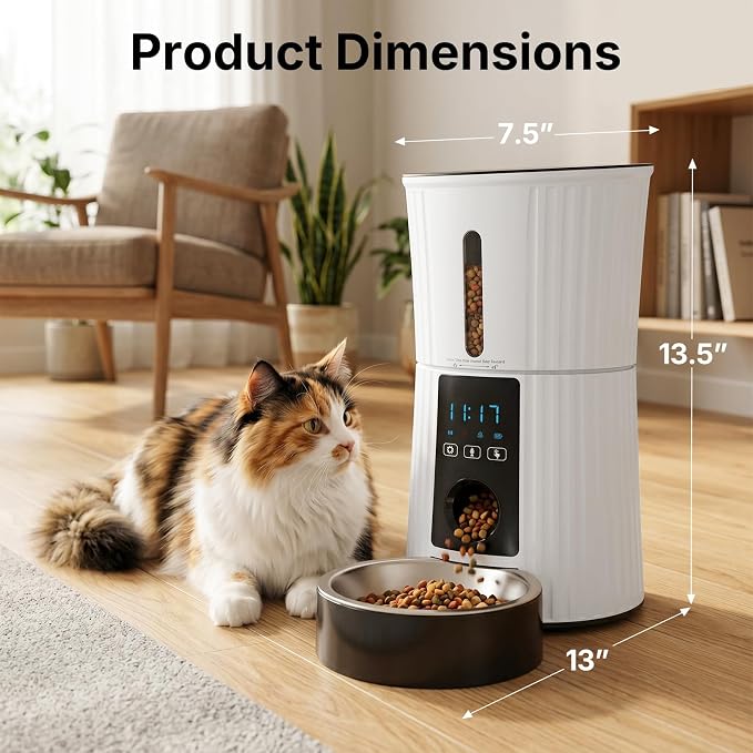 NEWBULIG 4L Automatic Cat Feeder with APP Control, 2.4G WiFi Timed Pet Feeders for Dry Food, 10 Meals/Day, 50 Portions/Meal, Dog Food Dispenser with 10s Voice Recorder, Dual Power Supply, White