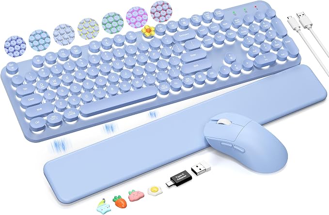Wireless Keyboard and Mouse Backlit - Purple Typewriter Keyboard with Magnetic Wrist Rest, Retro Round Keycaps, Light Up Letters, 2.4GHz Cordless Combo for Windows, PC, Laptop, Trueque [Upgraded]