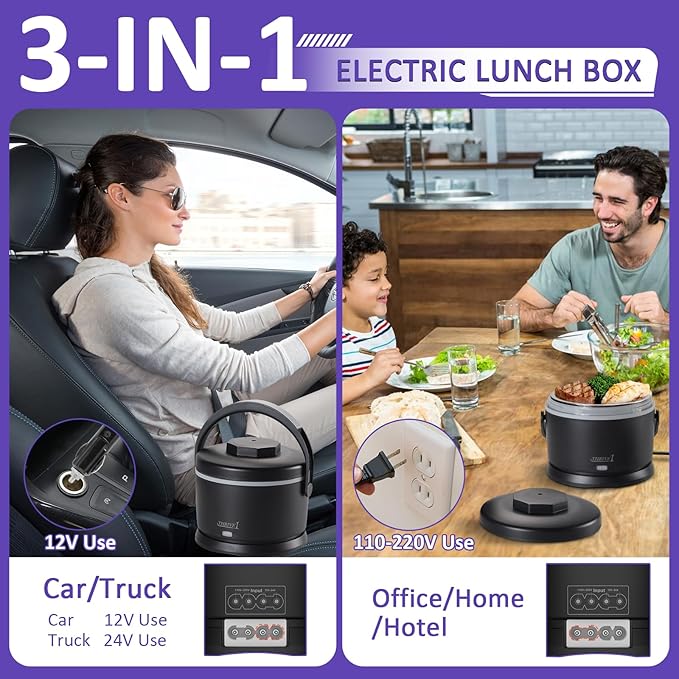 Electric Lunch Box for Adults 40 oz Portable Food Warmer 12V/24V/110V/220V Heated Lunch Box for Work, Office, Car, Travel, Home Use (Black)