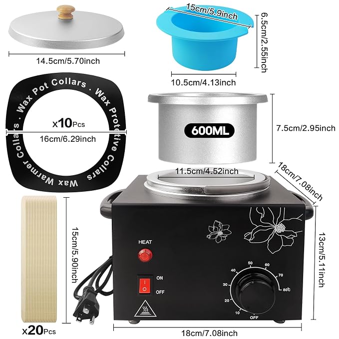 Portable Wax Warmer Machine for Painless Hair Removal, Women Men Professional Wax Heater with Adjustable Temperature Set, 20pcs Sticks, 1 Silicone Bowl (Black- Single Pot)