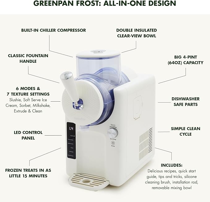 GreenPan Frost Ice Cream Maker & Slushie Machine, Mixing Bowl included, Soft Serve, Sorbet, Margaritas, Milkshakes, Frozen Yogurt, No Pre-Freezing, Ready in 15 Mins, 6 Modes, Self-Cleaning, Cream